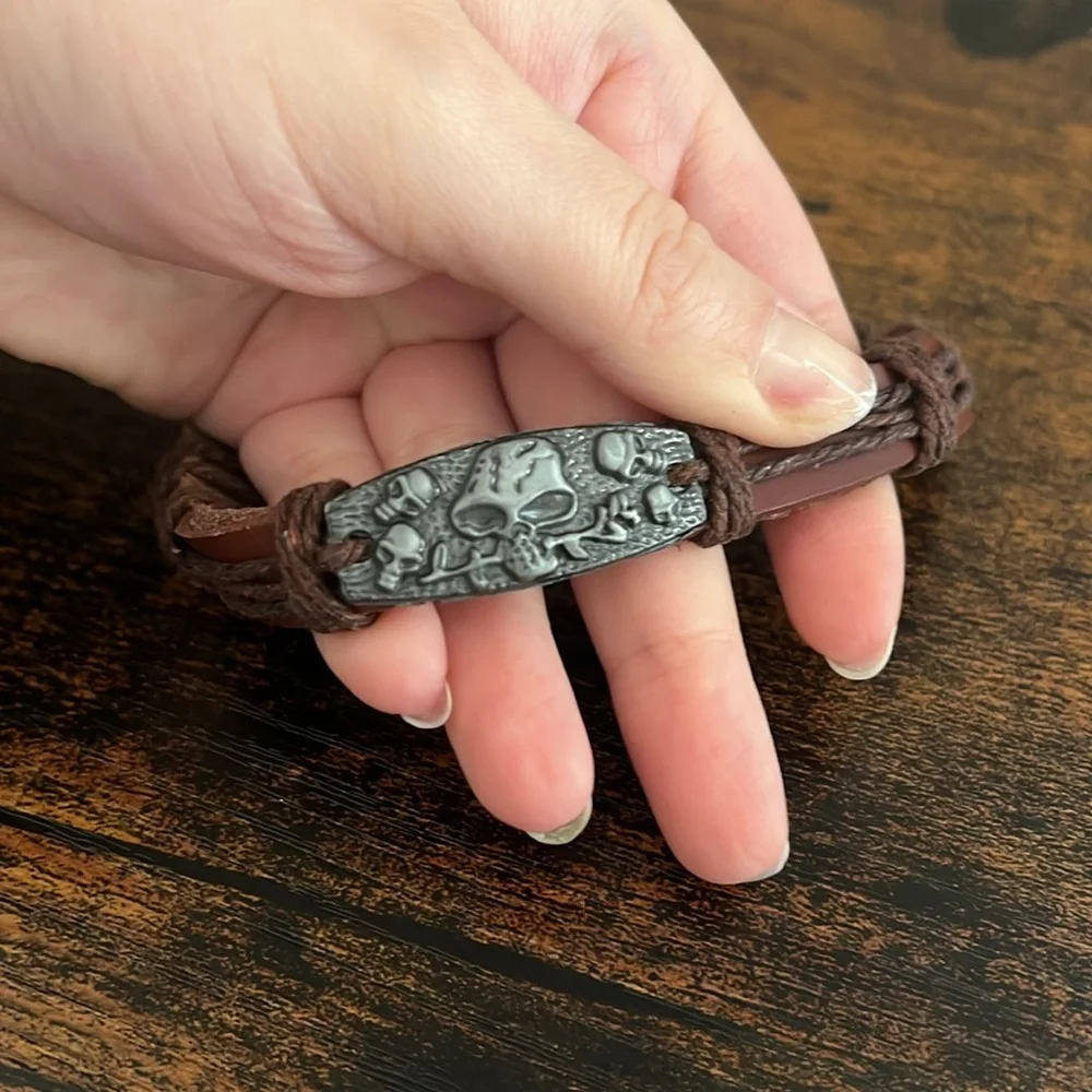 Leather Skull and Rose Bracelet